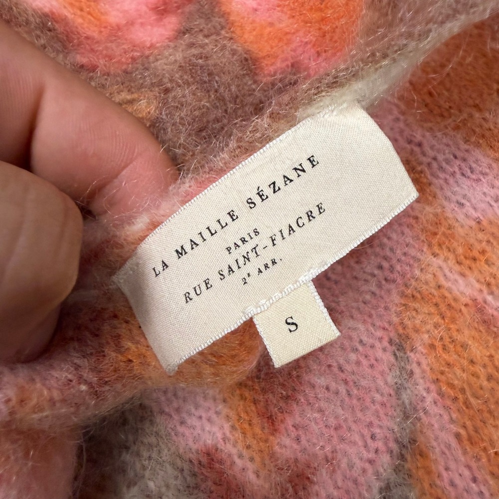 Sézane Floral Tie-Front Cardigan Women Small Cream Orange Mohair Wool Knit 8915 - Picture 4 of 8